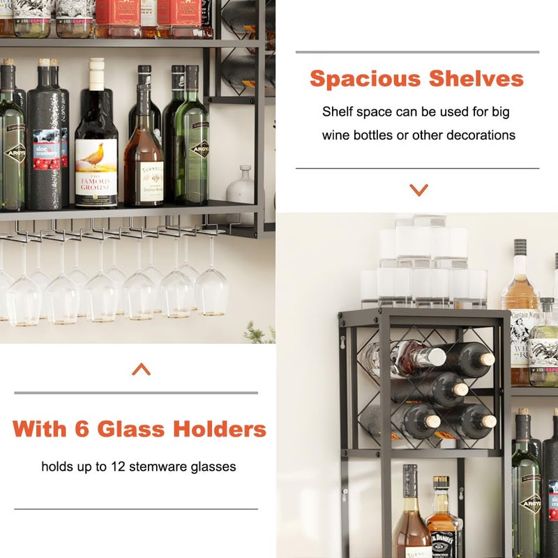 KaKaBB Metal Wall Mounted Wine Rack 2 Tier, Bar Shelves for Liquor Bottles with Glass Holder Storage, Floating Liquor Wall Shelf for Home Bar Kitchen Dining Room (Black) - Image 3