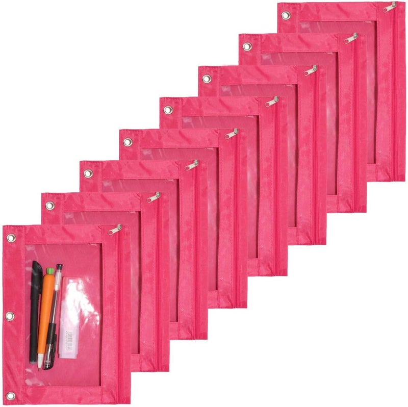 SdeFe Store Zippered Pen Pencil Binder Pouch 3 Rings with Clear Window for School Classroom Organizers 8 Pcs (Rose red) - Image 1