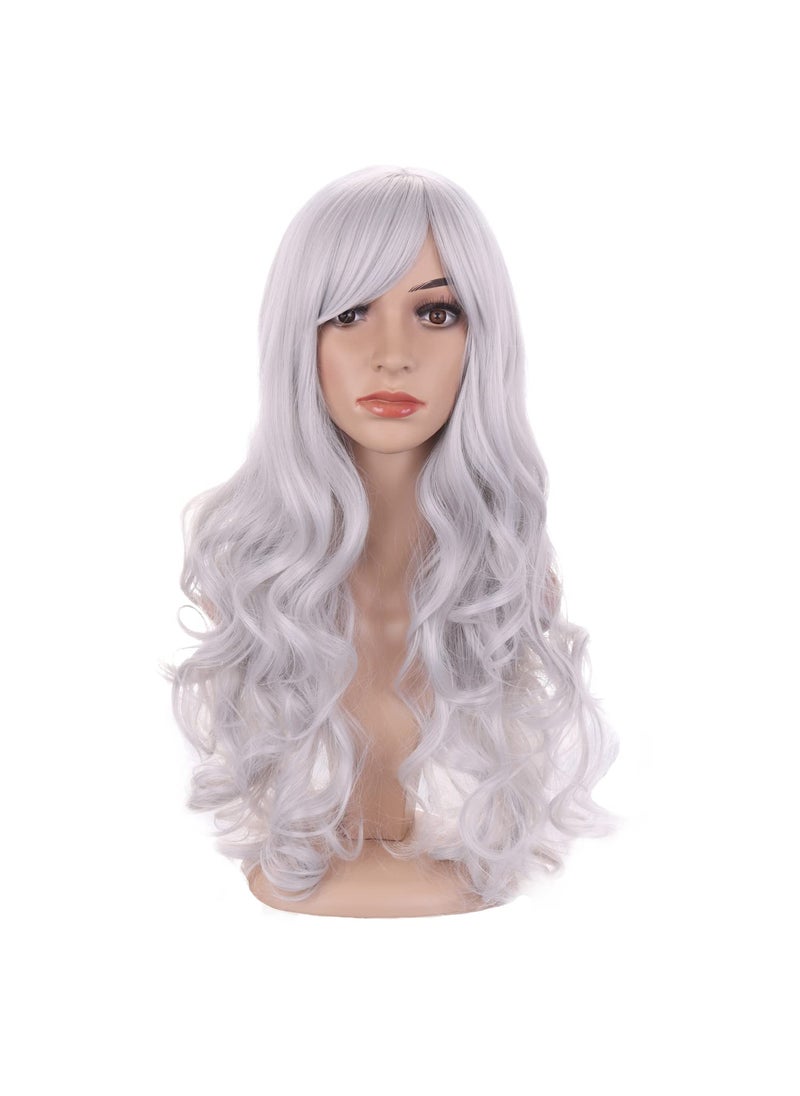 BERON - BERON Silver White Wig Long Wavy Curly Silver White Wig with Bangs for Women Synthetic Hair with Cap - Image 1