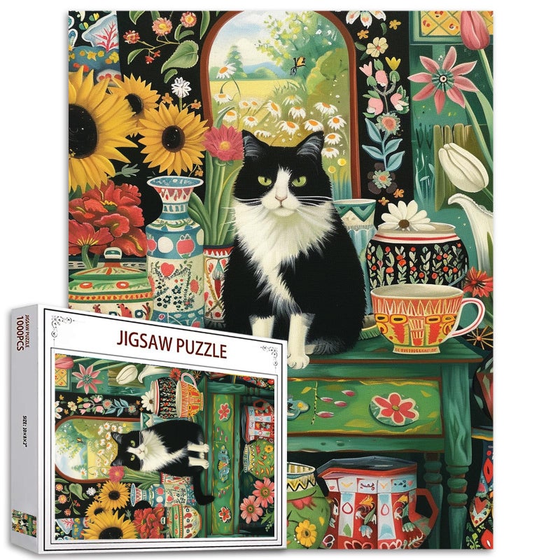 Tucocoo Cat Sit on Table Jigsaw Puzzle Kitten 1000 Pieces Puzzles Game Flower Floral Art Wall Decor DIY Craft Puzzle for Adults Gift for Friends and Family 20 x 27 Inch - Image 1