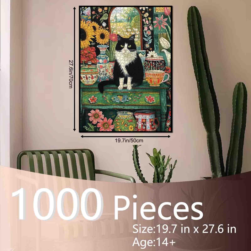 Tucocoo Cat Sit on Table Jigsaw Puzzle Kitten 1000 Pieces Puzzles Game Flower Floral Art Wall Decor DIY Craft Puzzle for Adults Gift for Friends and Family 20 x 27 Inch - Image 2
