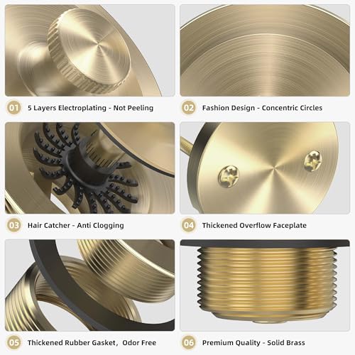 Sogmeter Champagne Brushed Gold Bronze Bathtub Drain, Hair Catcher and 2-Hole Overflow Faceplate, 11.5/16 UNC, Lift and Turn Bathtub Drain Replacement, Tub Drain Stopper - Image 4