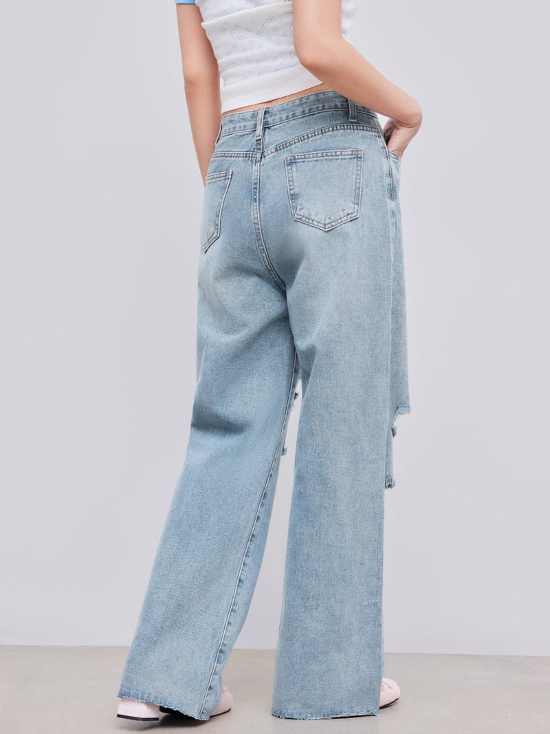 CIDER Womenâ€™s Ripped Jeans High Waisted Distressed Baggy Straight Wide Leg Pants: Denim, S - Image 4