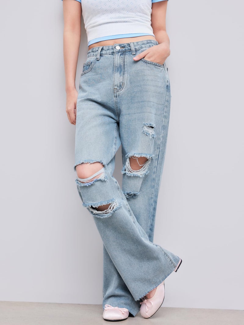 CIDER Womenâ€™s Ripped Jeans High Waisted Distressed Baggy Straight Wide Leg Pants: Denim, S - Image 3