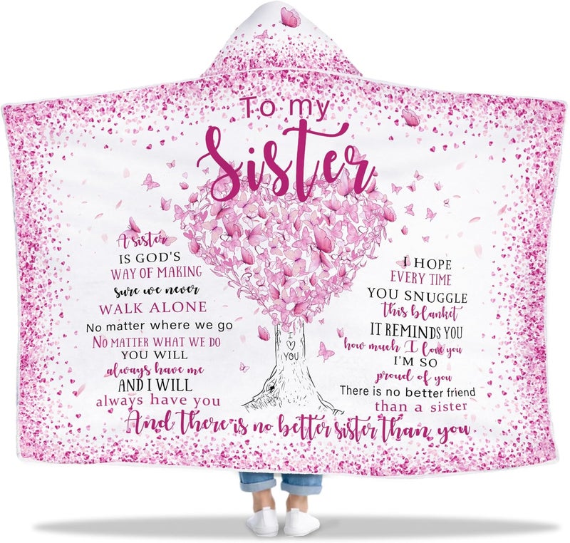 Taesun Sister Gifts, Christmas Sisters Gifts Wearable Blanket, Hooded Blanket 47x72 in for Girls, Hoodie Present for Her Bestie, Girl/Little Sister in Law on Birthday, Christmas, Galentines Day - Image 1