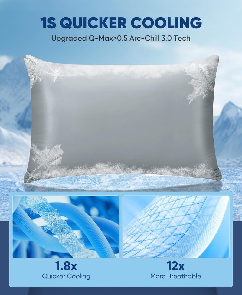 LUXEAR Cooling Pillow Cases, 2 Pack Ultra Cool Pillow Cases with Q-max 0.55 Arc-Chill Cooling Fiber for Hair Skin Hot Sleeper, Fit Standard & Queen Size Pillows - Gray - Image 2