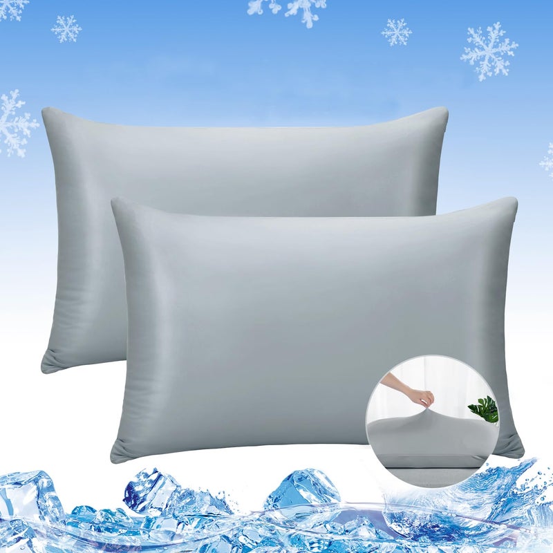LUXEAR Cooling Pillow Cases, 2 Pack Ultra Cool Pillow Cases with Q-max 0.55 Arc-Chill Cooling Fiber for Hair Skin Hot Sleeper, Fit Standard & Queen Size Pillows - Gray - Image 1