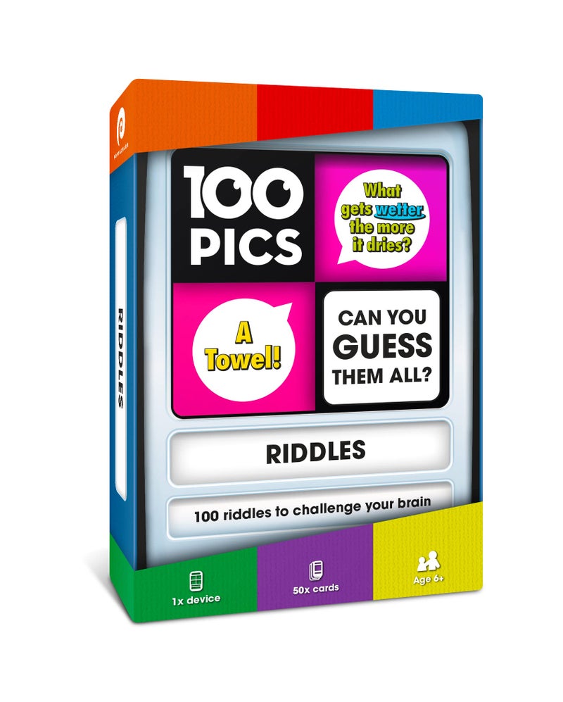 100 PICS Riddles Travel Game - Guess 100 Riddles | Flash Cards with Slide Reveal Case | Card Game, Gift, Stocking Stuffer | Fun for Kids and Adults | Ages 6+ - Image 1