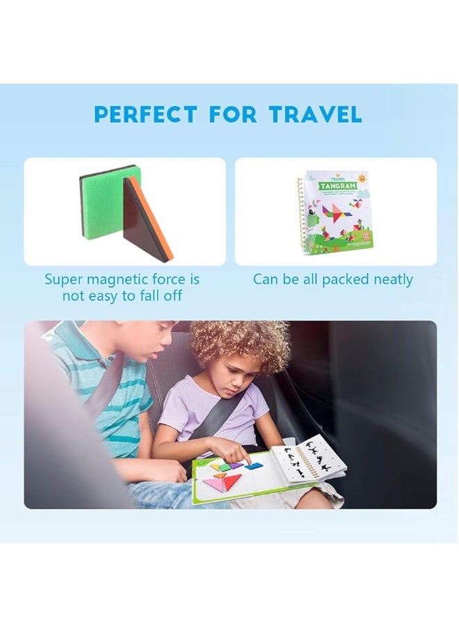 Vanmor Travel Tangram Puzzle with 2 Sets Magnetic Plate-Montessori Shape Pattern Blocks Jigsaw Road Trip Games with 368 Solution - IQ Book Educational Toy Brain Teaser Gift for Kids Adults Challenge - Image 1