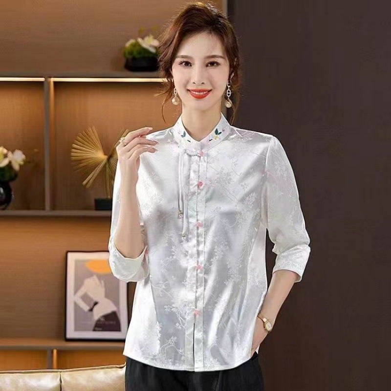 New Chinese style placket stand collar top with vest skirt shirt Womens 2024 spring and autumn mom wear national style embroidered shirt White