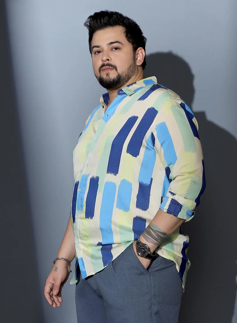 Instafab Plus  Instafab Plus Men Pigment-Strokes Imprint Shirt | Spread Collar , Long Cuffed Sleeves | Button Closure , Curved Hem | Abstract Print Woven Fabric For Casual & Evening Wear | Sky Blue & Ecru Beige for Men | Best Price UAE