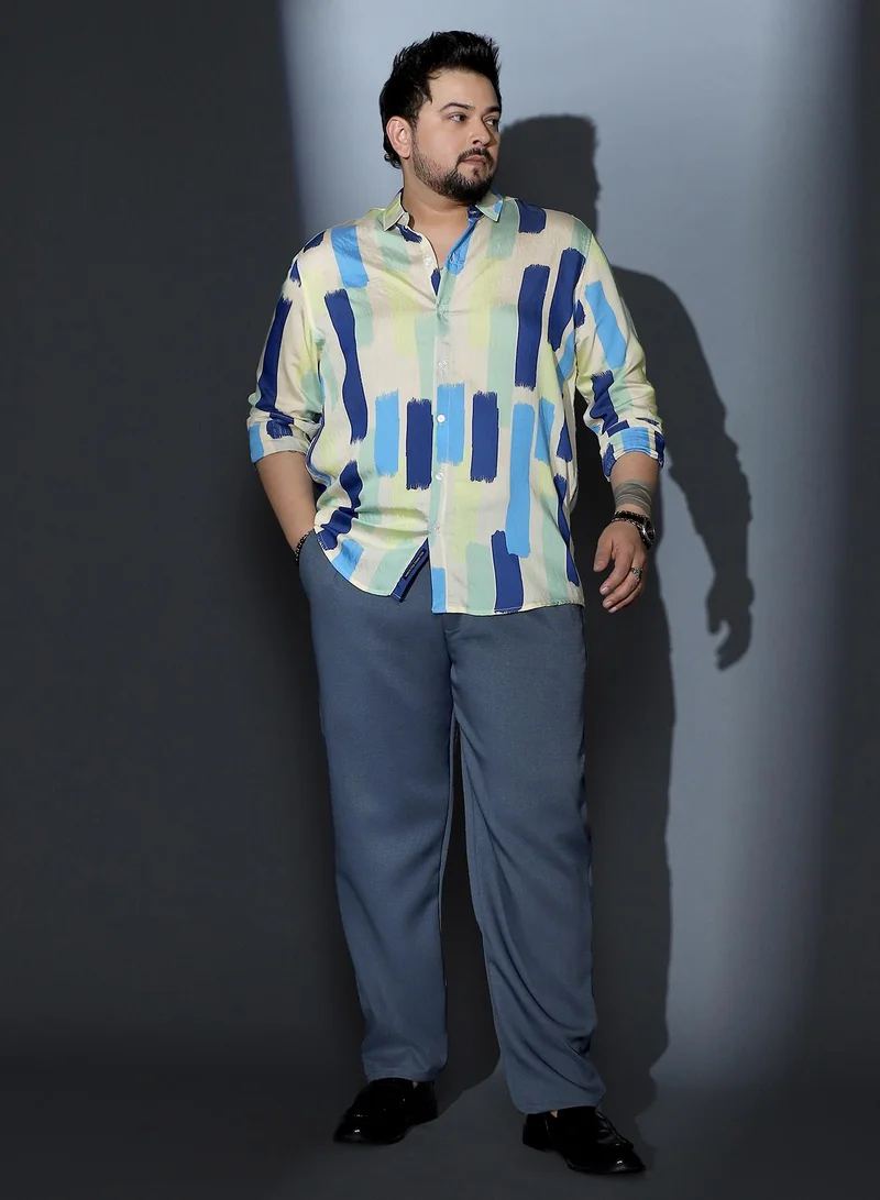 Instafab Plus  Instafab Plus Men Pigment-Strokes Imprint Shirt | Spread Collar , Long Cuffed Sleeves | Button Closure , Curved Hem | Abstract Print Woven Fabric For Casual & Evening Wear | Sky Blue & Ecru Beige for Men | Best Price UAE