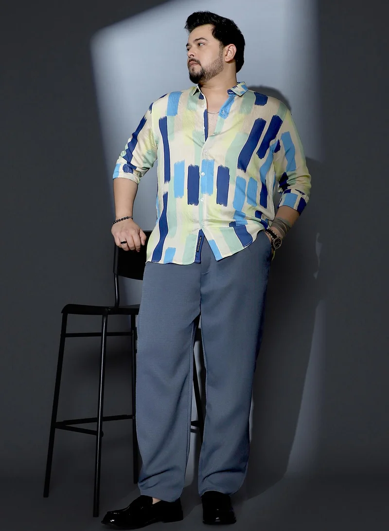 Instafab Plus  Instafab Plus Men Pigment-Strokes Imprint Shirt | Spread Collar , Long Cuffed Sleeves | Button Closure , Curved Hem | Abstract Print Woven Fabric For Casual & Evening Wear | Sky Blue & Ecru Beige for Men | Best Price UAE