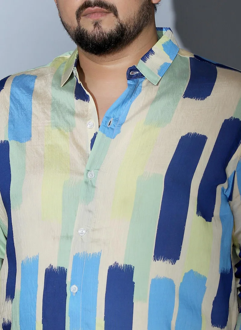 Instafab Plus  Instafab Plus Men Pigment-Strokes Imprint Shirt | Spread Collar , Long Cuffed Sleeves | Button Closure , Curved Hem | Abstract Print Woven Fabric For Casual & Evening Wear | Sky Blue & Ecru Beige for Men | Best Price UAE