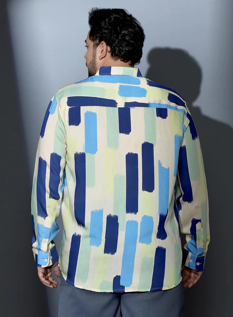 Instafab Plus  Instafab Plus Men Pigment-Strokes Imprint Shirt | Spread Collar , Long Cuffed Sleeves | Button Closure , Curved Hem | Abstract Print Woven Fabric For Casual & Evening Wear | Sky Blue & Ecru Beige for Men | Best Price UAE