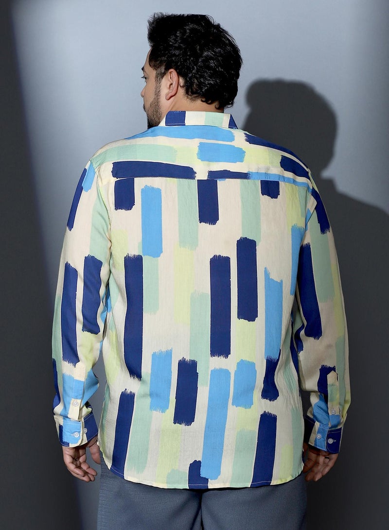 Instafab Plus Men Pigment-Strokes Imprint Shirt | Spread Collar , Long Cuffed Sleeves | Button Closure , Curved Hem | Abstract Print Woven Fabric For Casual & Evening Wear | Sky Blue & Ecru Beige - Image 5