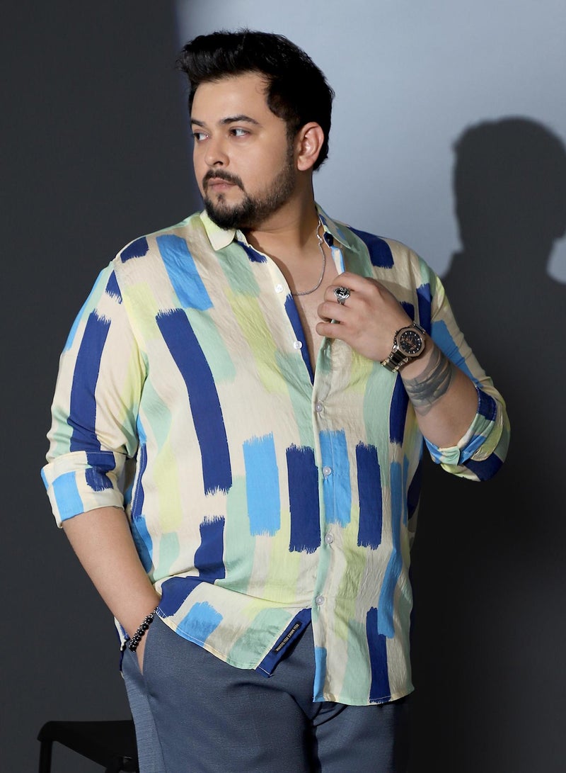 Instafab Plus Men Pigment-Strokes Imprint Shirt | Spread Collar , Long Cuffed Sleeves | Button Closure , Curved Hem | Abstract Print Woven Fabric For Casual & Evening Wear | Sky Blue & Ecru Beige - Image 2