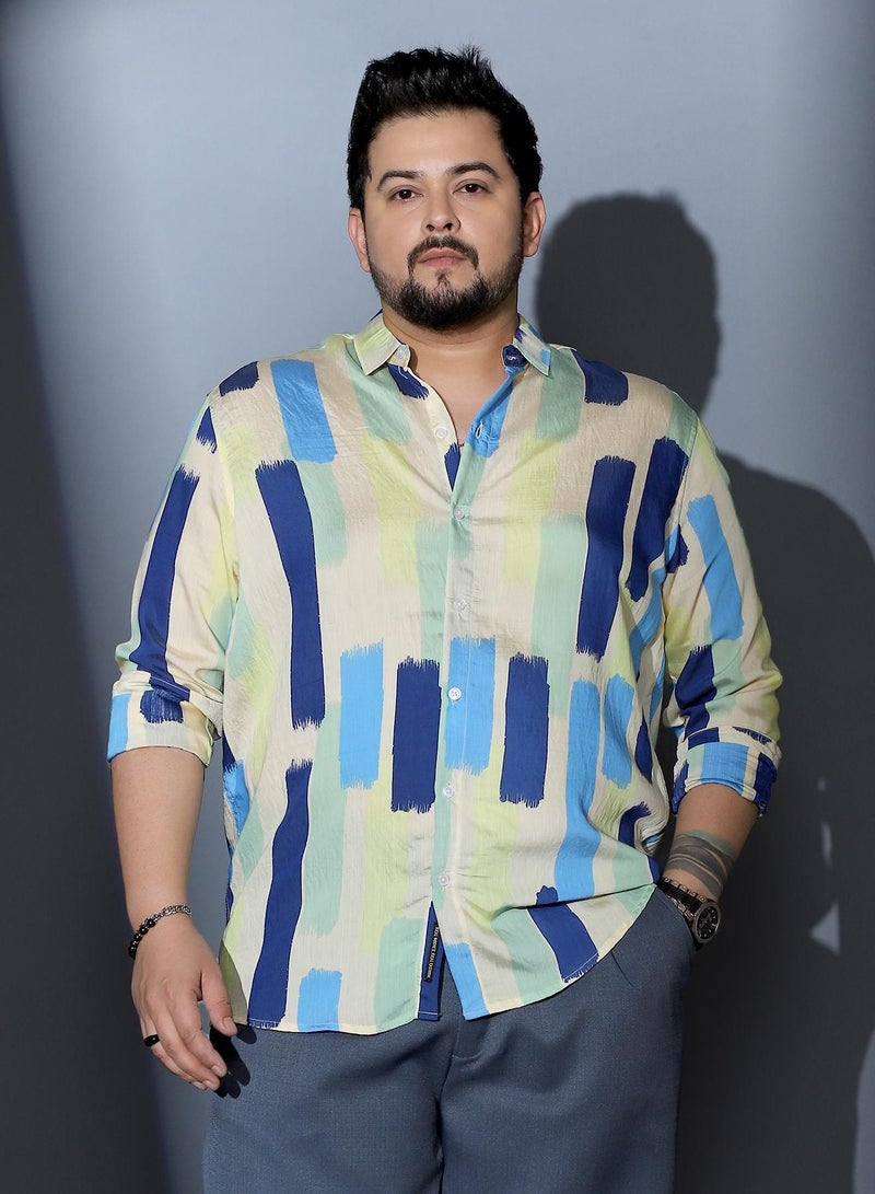 Instafab Plus Men Pigment-Strokes Imprint Shirt | Spread Collar , Long Cuffed Sleeves | Button Closure , Curved Hem | Abstract Print Woven Fabric For Casual & Evening Wear | Sky Blue & Ecru Beige - Image 1