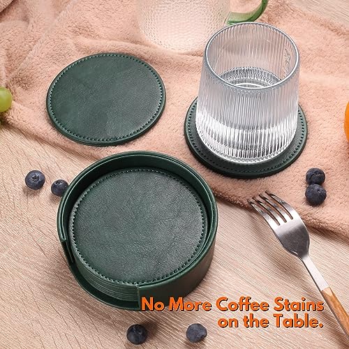 LAMOTI Leather Coasters for Drinks, 4" Drink Coasters Set of 6 with Holder for Tabletop Protection, Handmade Luxurious Home Décor and Housewarming Gift (Green) - Image 2