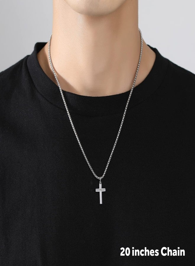 REVEMCN Black Gold Silver Cross Necklace for Boys Stainless Steel Mens Cross Pendant Chain Necklace for Men Women Religious Jewelry Gifts for Boys Girls Chain 16-24 Inches (16 inches, Silver - 0.8'' × 0.5'' beveled cross pendant) - Image 3