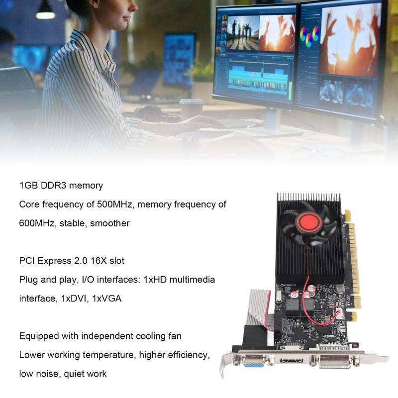 بطاقة الرسومات GT610 بسعة 1 جيجابايت من نوع DDR3 وعرض ناقل 64 بت مع مروحة تبريد ومنافذ DVI و VGA لأجهزة الكمبيوتر - Image 3