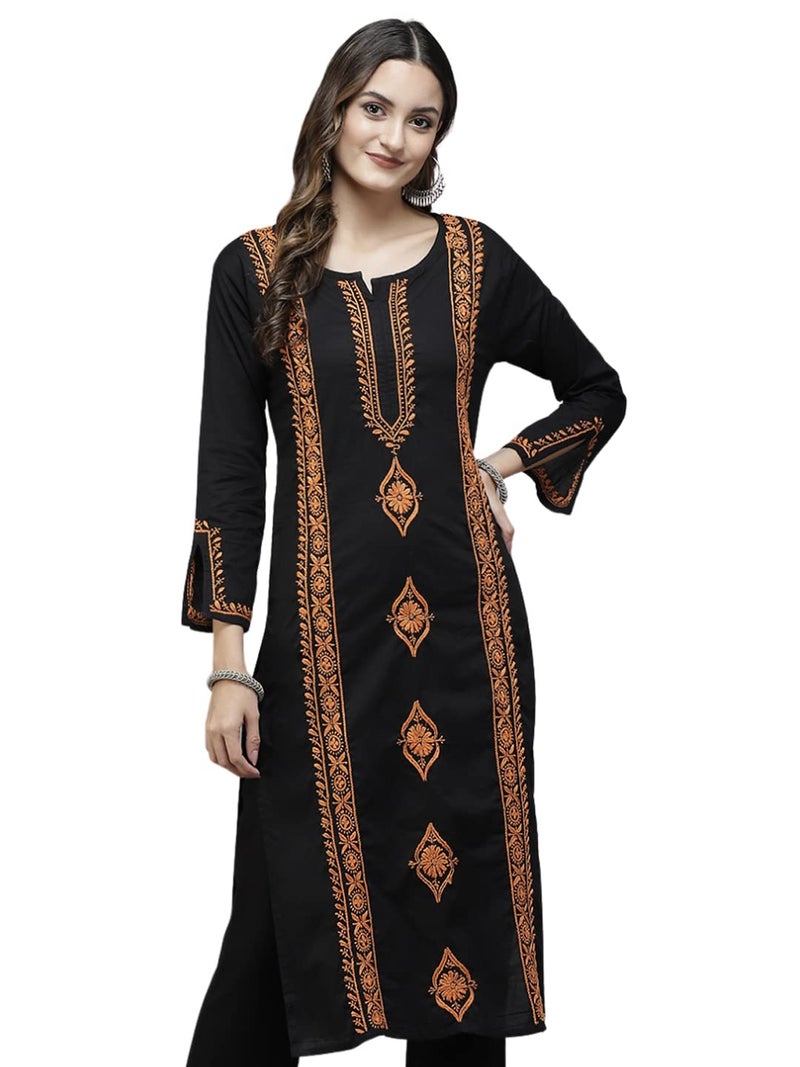 Ada Lucknowi Chikankari Hand Embroidered Black Cotton Regular Fit Kurta Kurti Tunic Dress for Women A411389 (XS) - Image 1