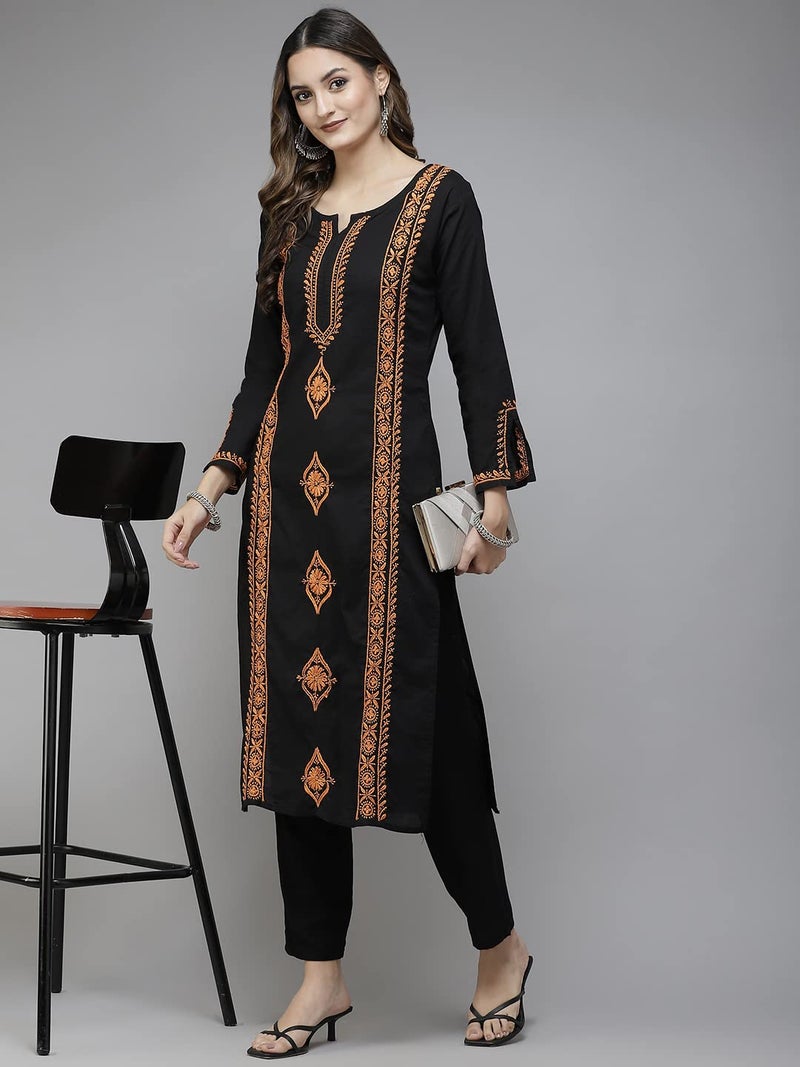 Ada Lucknowi Chikankari Hand Embroidered Black Cotton Regular Fit Kurta Kurti Tunic Dress for Women A411389 (XS) - Image 5