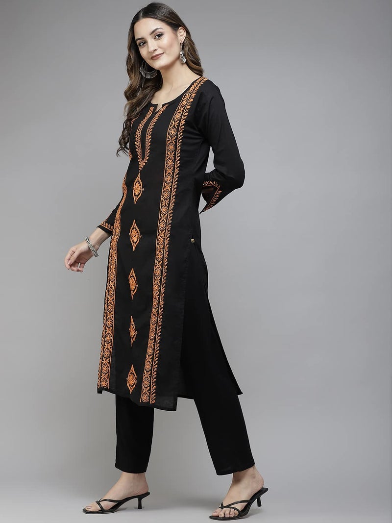 Ada Lucknowi Chikankari Hand Embroidered Black Cotton Regular Fit Kurta Kurti Tunic Dress for Women A411389 (XS) - Image 4