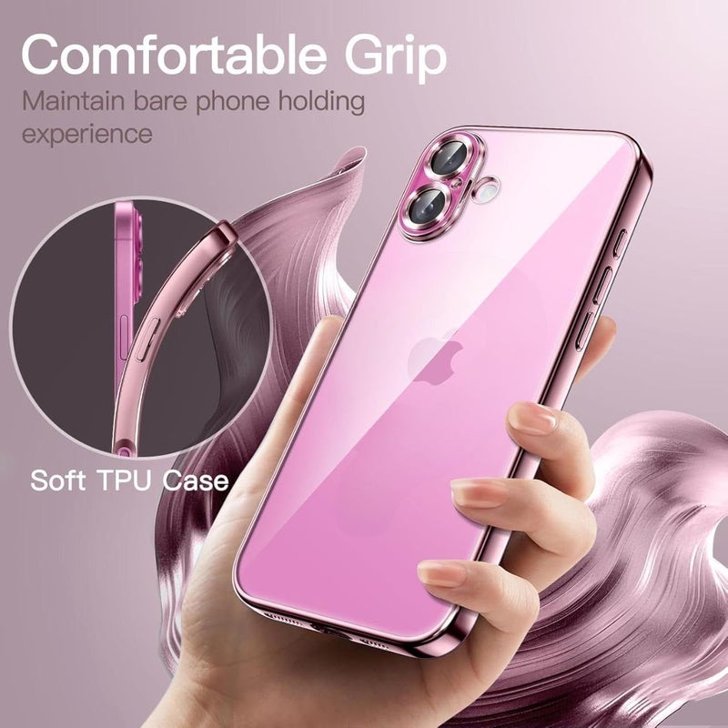 VONZEE Electroplated Transparent Clear Transparent Cover for iPhone 16, TPU Cover Full Body & Individual Camera Protection Bumper Cases for Men & Women (Pink) - Image 4