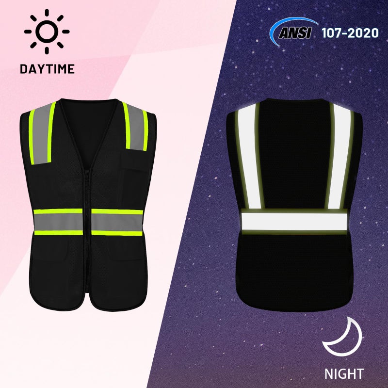 LIZMOF Black Safety Vest for Women, High Visibility Reflective Vest, Neon Hi Vis Work Apparel with Pockets and Zipper, Durable, ANSI Compliant, Black, M - Image 2