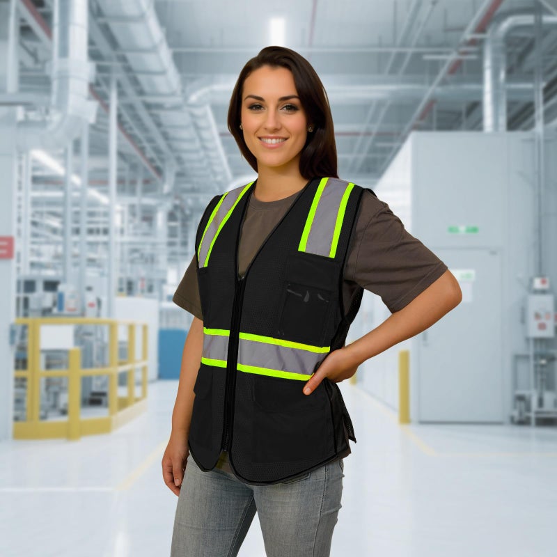 LIZMOF Black Safety Vest for Women, High Visibility Reflective Vest, Neon Hi Vis Work Apparel with Pockets and Zipper, Durable, ANSI Compliant, Black, M - Image 5