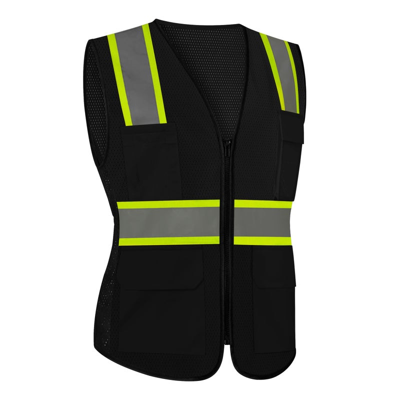 LIZMOF Black Safety Vest for Women, High Visibility Reflective Vest, Neon Hi Vis Work Apparel with Pockets and Zipper, Durable, ANSI Compliant, Black, M - Image 1