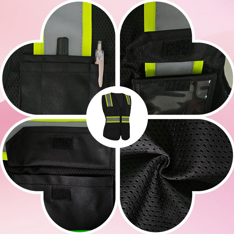 LIZMOF Black Safety Vest for Women, High Visibility Reflective Vest, Neon Hi Vis Work Apparel with Pockets and Zipper, Durable, ANSI Compliant, Black, M - Image 4