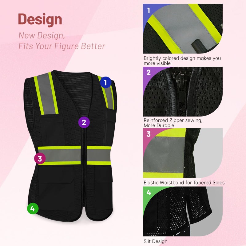 LIZMOF Black Safety Vest for Women, High Visibility Reflective Vest, Neon Hi Vis Work Apparel with Pockets and Zipper, Durable, ANSI Compliant, Black, M - Image 3