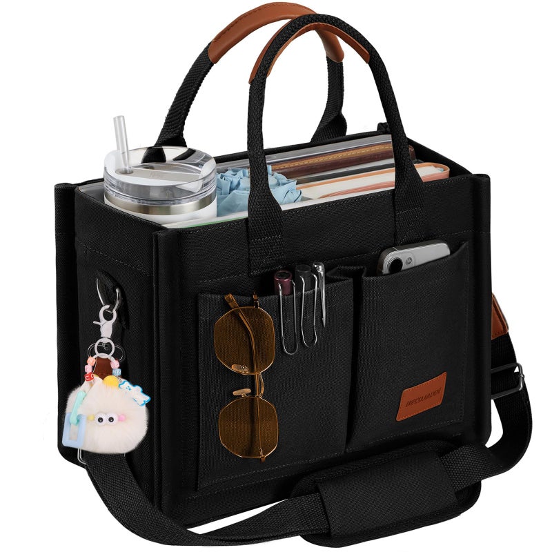 BECOJADDE Structured Canvas Tote Bag for Women, Multi-Compartment Zippered Purse for Work, Bible, Travel, Fits 14/15.6'' Laptop Black M - Image 1