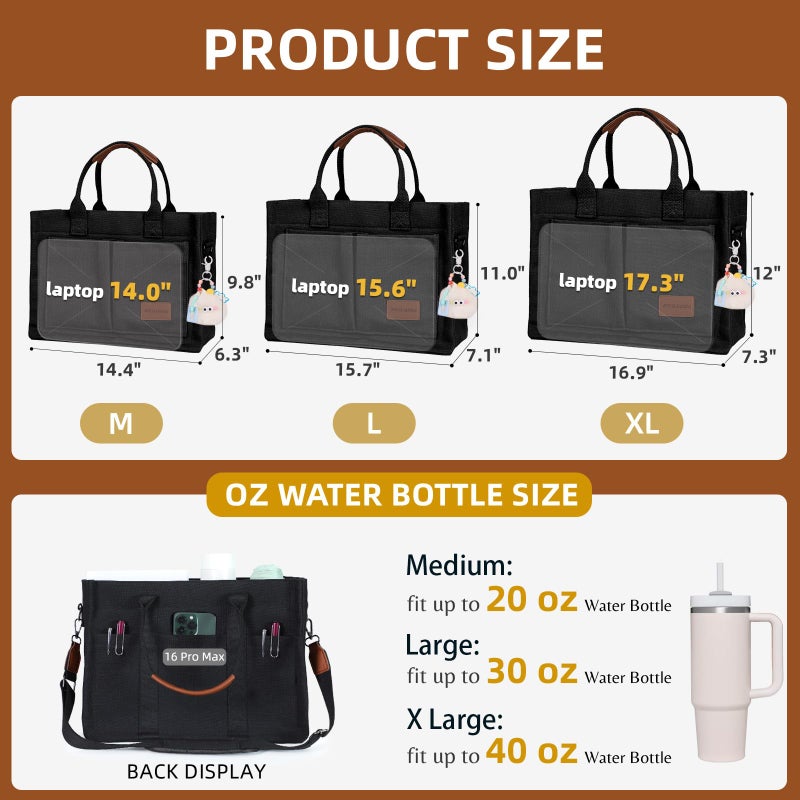 BECOJADDE Structured Canvas Tote Bag for Women, Multi-Compartment Zippered Purse for Work, Bible, Travel, Fits 14/15.6'' Laptop Black M - Image 3