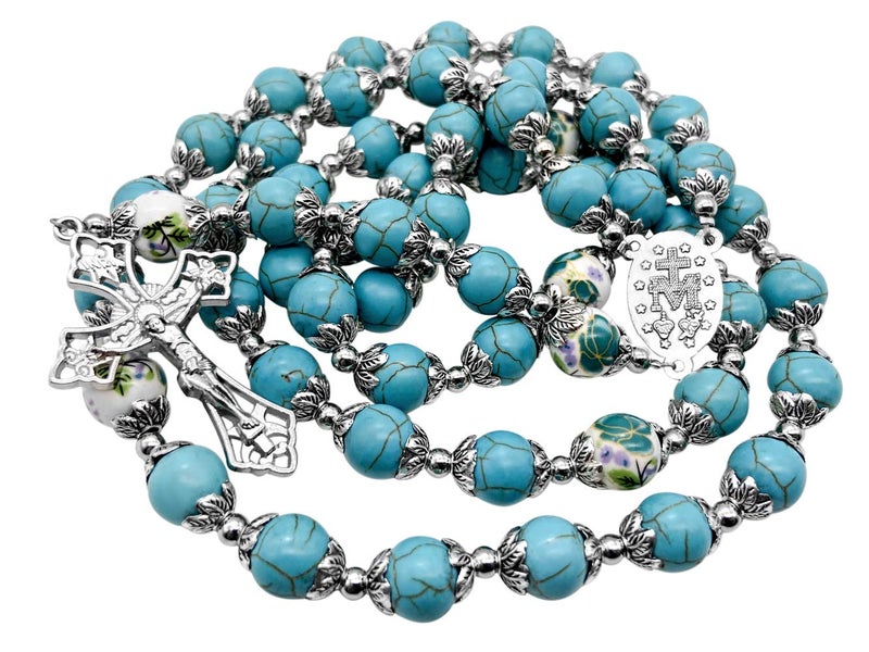 Nazareth Store Nazareth Store Catholic Turquoise Marble Beads Rosary Flowers Beaded Necklace Miraculous Medal Cross Crucifix Silver Tone Rosaries in Velvet Bag  - Image 1