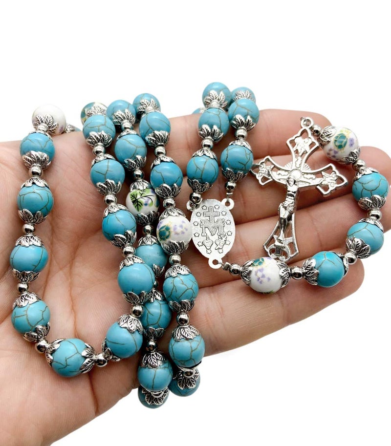 Nazareth Store Nazareth Store Catholic Turquoise Marble Beads Rosary Flowers Beaded Necklace Miraculous Medal Cross Crucifix Silver Tone Rosaries in Velvet Bag  - Image 4