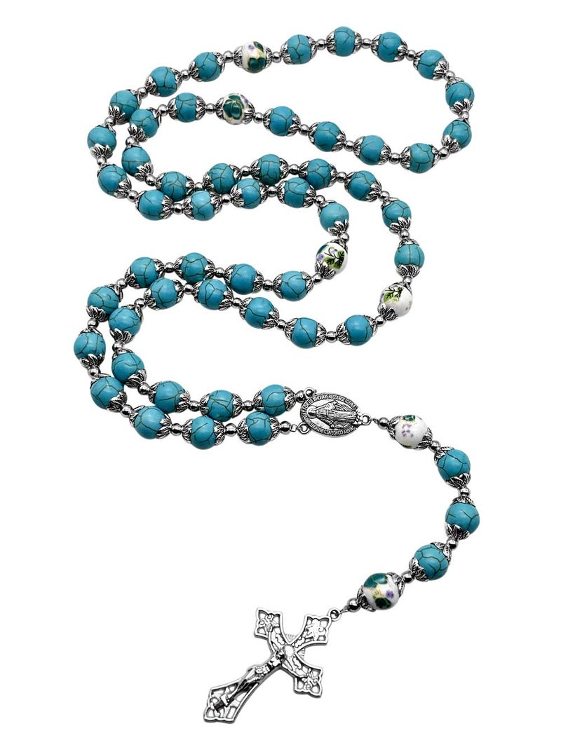Nazareth Store Nazareth Store Catholic Turquoise Marble Beads Rosary Flowers Beaded Necklace Miraculous Medal Cross Crucifix Silver Tone Rosaries in Velvet Bag  - Image 2