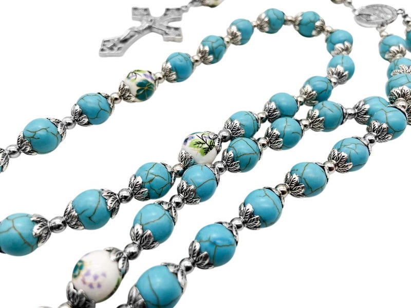 Nazareth Store Nazareth Store Catholic Turquoise Marble Beads Rosary Flowers Beaded Necklace Miraculous Medal Cross Crucifix Silver Tone Rosaries in Velvet Bag  - Image 5