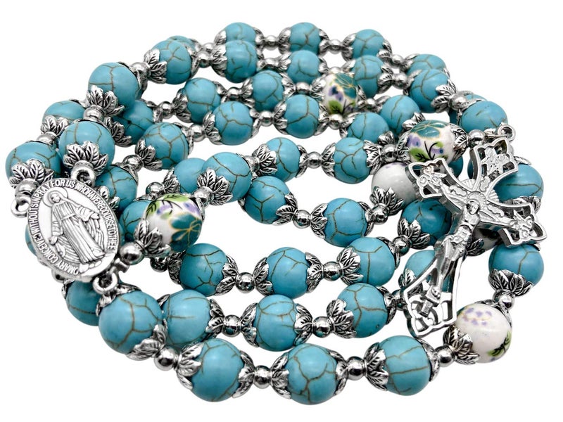 Nazareth Store Nazareth Store Catholic Turquoise Marble Beads Rosary Flowers Beaded Necklace Miraculous Medal Cross Crucifix Silver Tone Rosaries in Velvet Bag  - Image 3