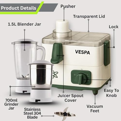 VESPA 500W Juicer Mixer Grinder with 2 Multipurpose Jars | Powerful Juicing, Mixing & Grinding | Real Juicer Technology | 3-Year Warranty - Image 3