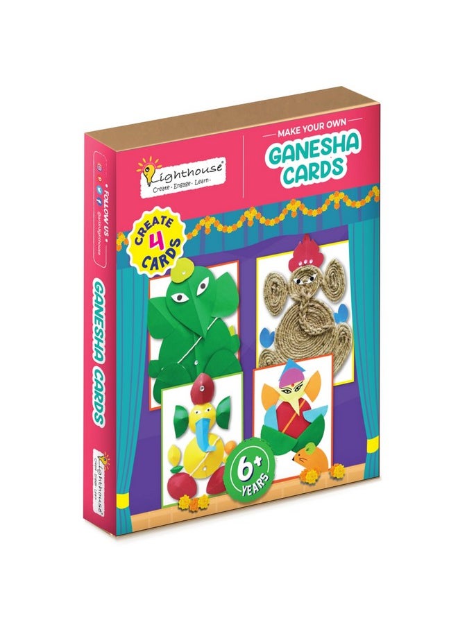 Lighthouse - LIGHTHOUSE Make Your Own Ganesha Cards Kit for Kids | Art and Craft Kit for 6+ Year Kids | Create 4 Ganesha Cards, Includes - Greetings Card, Cutouts, Jute Rope, Sequence, Glue and More - Image 1