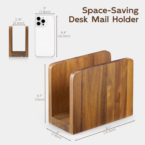BWODYAY Acacia Wood Mail Organizer, Mail Holder for Desk, Letter Holder for Countertop, Small Envelope Holder, Desk Organizers and Accessories for Home Office - Image 2