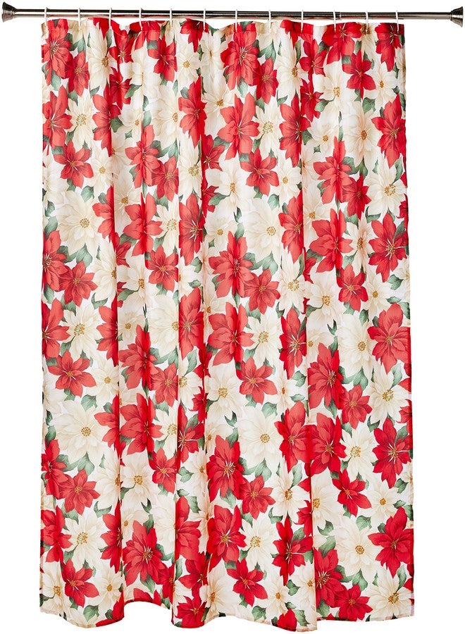 Violet Linen Decorative Christmas Printed Poinsettia Floral Design Shower Curtain - 72" X 72" - Image 1