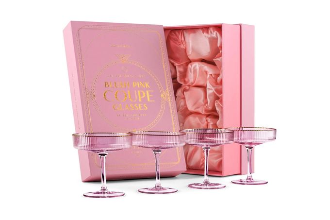 GLASSIQUE CADEAU Vintage Art Deco Blush Pink Coupe Glasses with Gold Rims | Set of 4 | 7 oz Crystal Ribbed Cocktail Glassware for Drinking Champagne, Martini, Cosmopolitan | Girly Speakeasy Saucers - Image 1