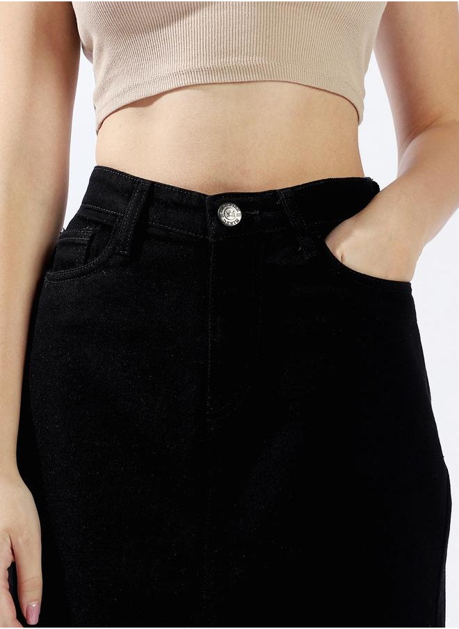 HIGH STAR Women High Rise A-Line Midi Denim Side slit Cotton Skirt  - Image 5