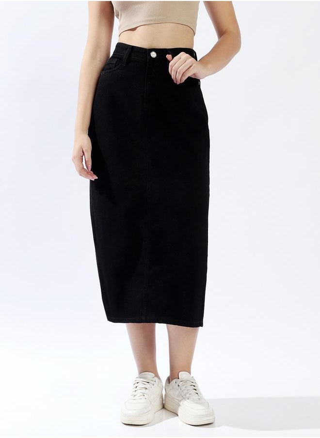 HIGH STAR Women High Rise A-Line Midi Denim Side slit Cotton Skirt  - Image 2