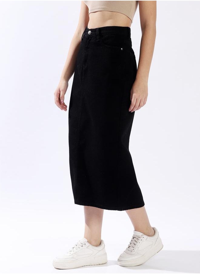 HIGH STAR Women High Rise A-Line Midi Denim Side slit Cotton Skirt  - Image 3