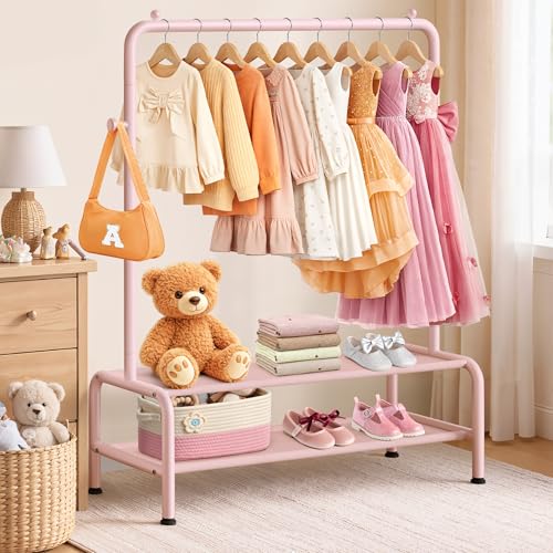 mirolam Kids Clothing Rack - Dress Up Storage - Dress Up Rack for Little Girls - Small Kids Costume Wardrobe with 2 Fabric Shelves - Princess Room Bedroom Decor - Image 5